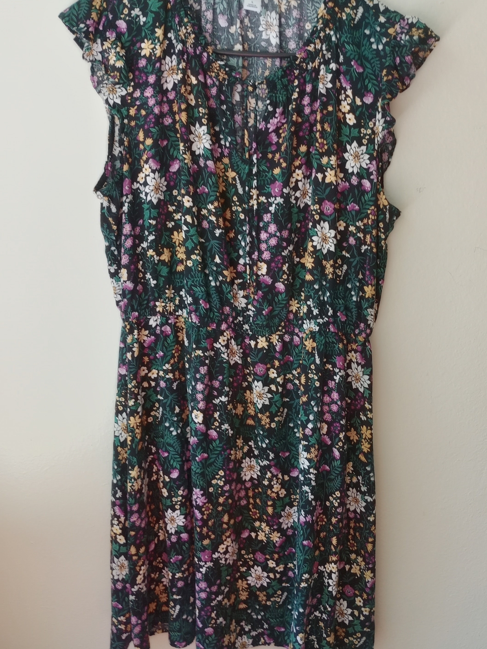 Old Navy Dark Green Floral Cap-Sleeve Tunic with Purple & Yellow Blooms. - Picture 3 of 7